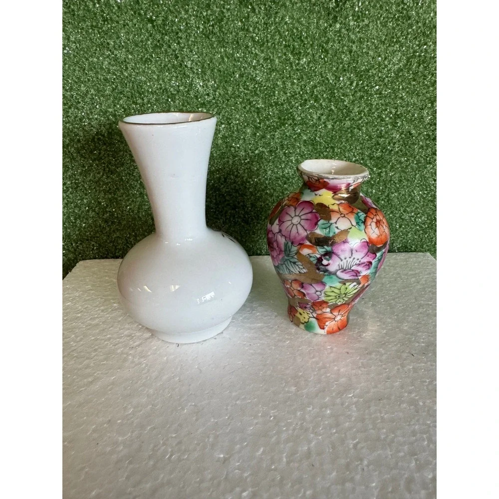 Vintage Miniature Porcelain Bud Vases Floral Millefleur Gold Trim Set of 2